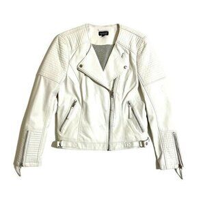 Topshop Faux Leather Moto Biker Jacket White Zip Vegan Leather SZ 10